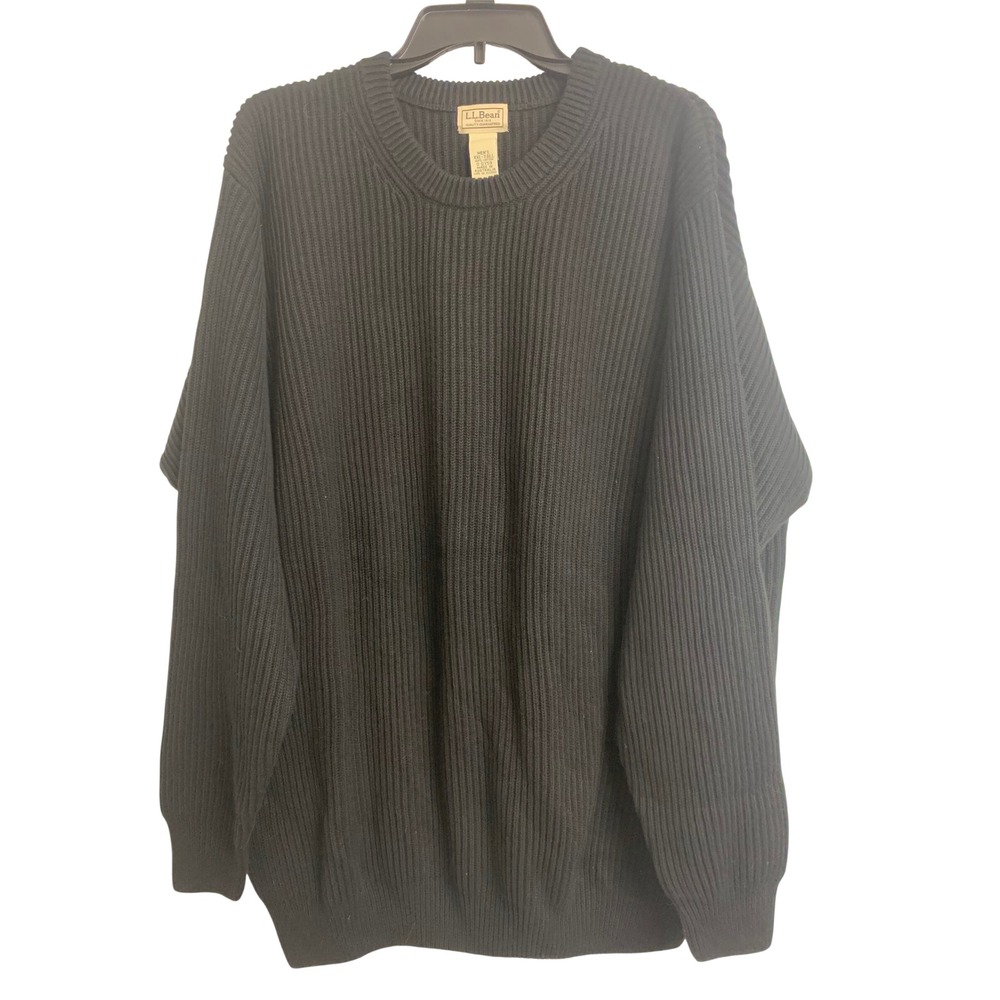LL Bean XXL Tall Black Shaker Stitch Cotton Knit Crewneck Sweater